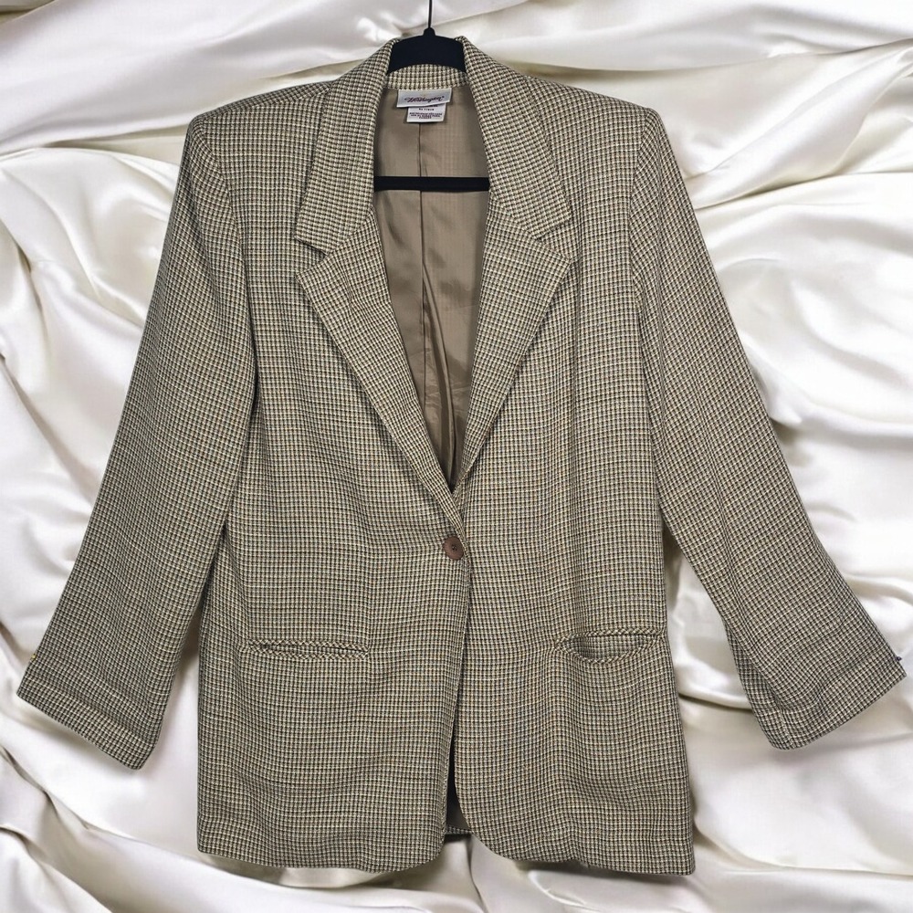 Vintage Worthington Womens‎ Blazer Houndstooth Plaid One Button Large? Beige
